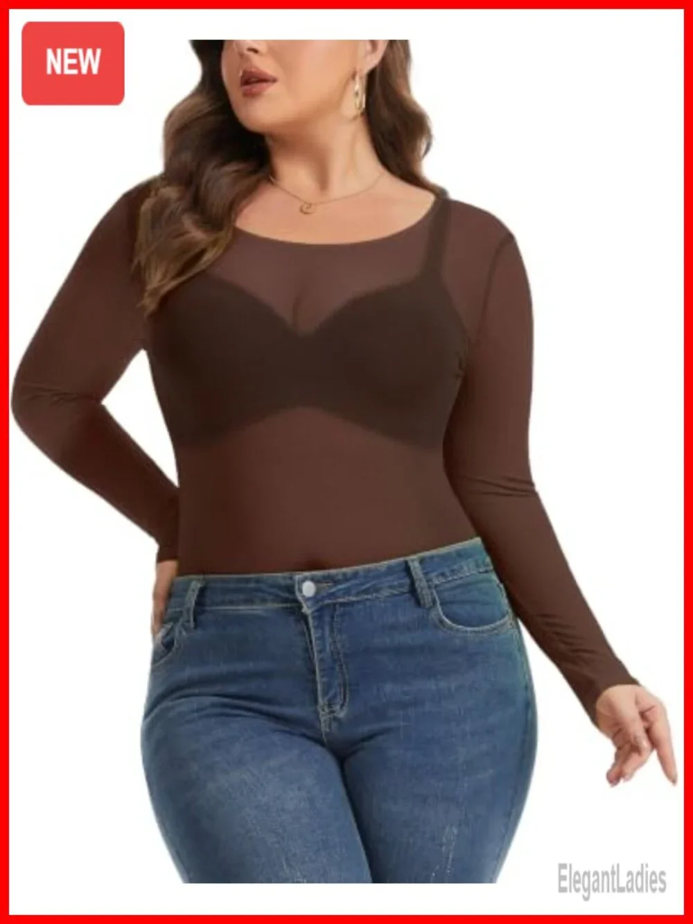 Women's Sheer Mesh Long Sleeve Bodycon Blouse Plus Size See Through Top